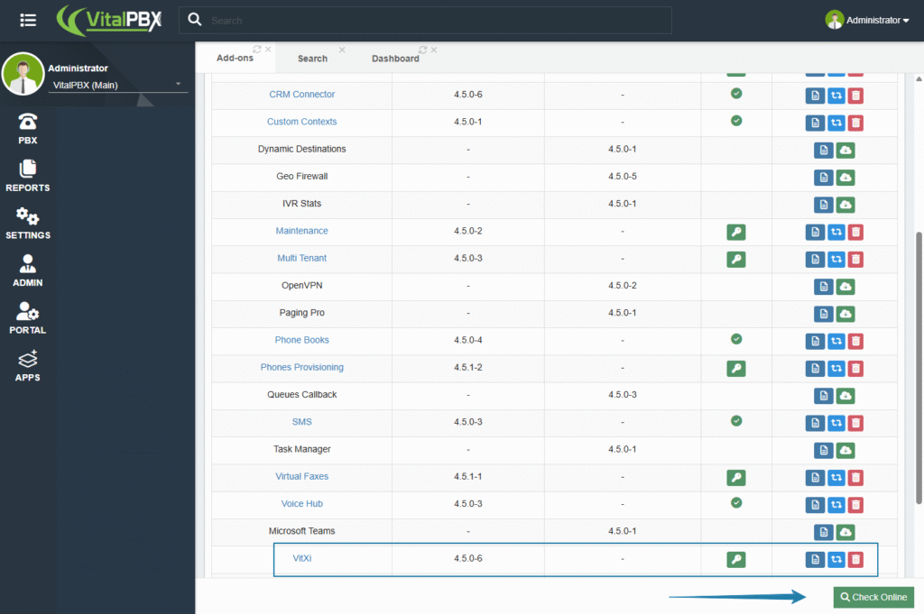 install vitxi from vitalpbx addons module